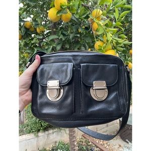 Black Leather fossil crossbody handbag purse with silver hardware